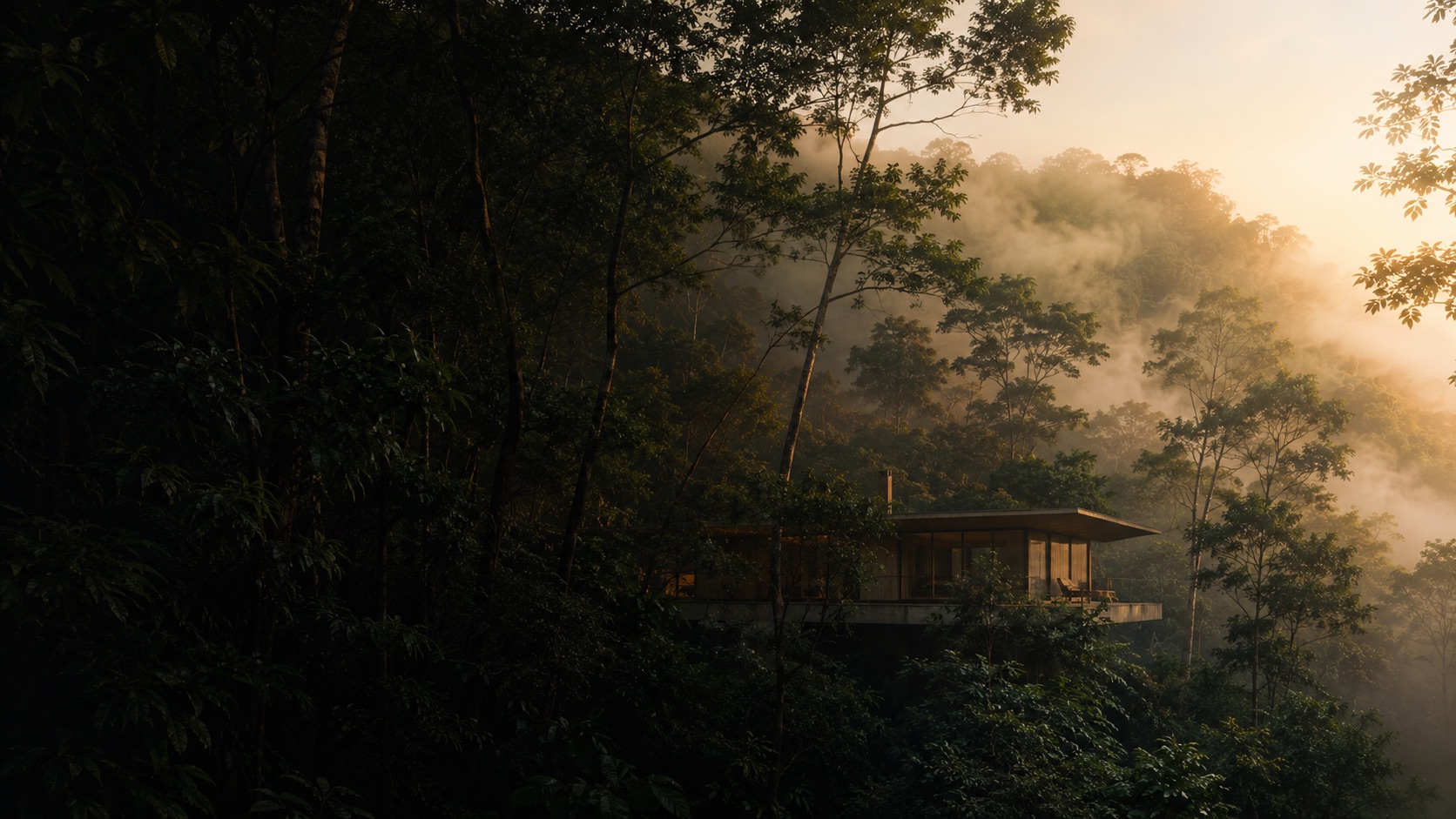 Casa integrada à mata ao amanhecer, com neblina entre as árvores