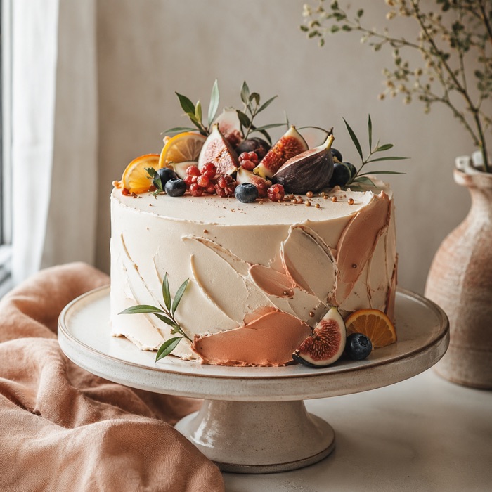 Bolo artesanal decorado com figos e frutas, feito por uma aluna