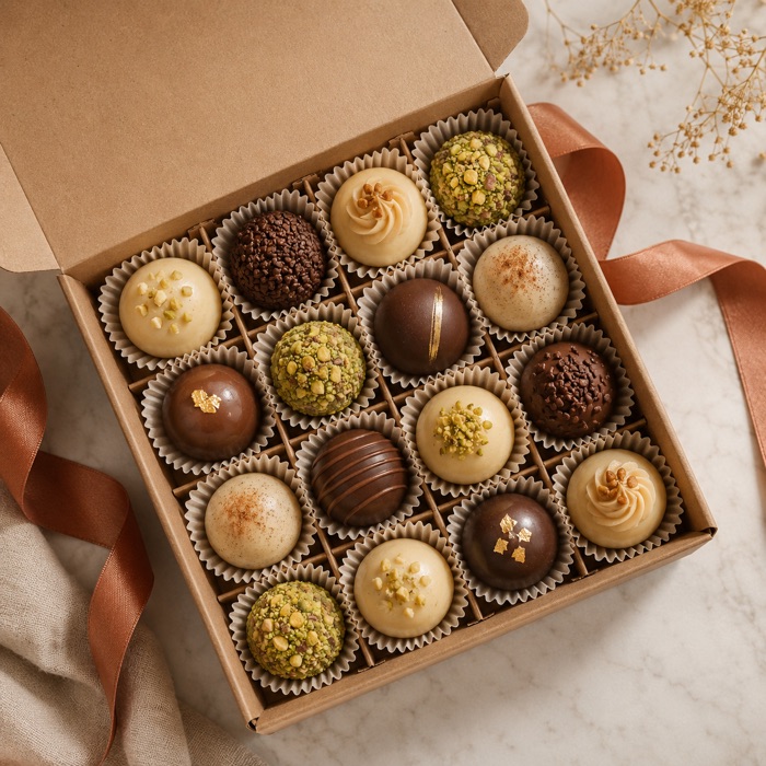 Caixa de doces gourmet sortidos embalada com fita para presente
