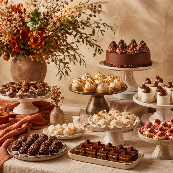 Mesa de doces finos preparada para um evento