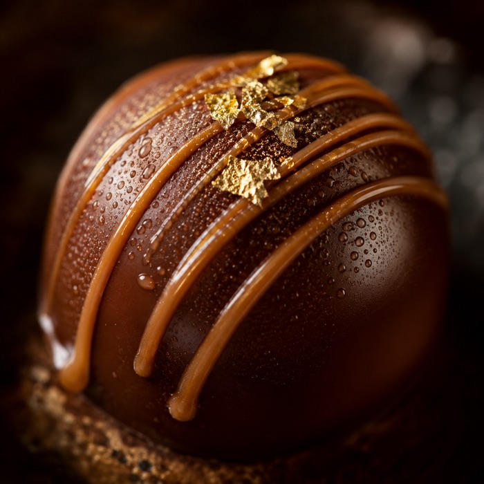 Detalhe macro de um bombom artesanal com fio de caramelo e folha de ouro