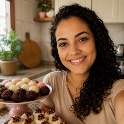 Retrato de Juliana Prado segurando uma bandeja de brigadeiros
