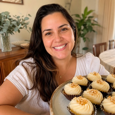 Retrato de Camila Nunes com uma travessa de docinhos