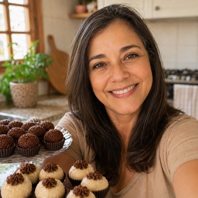 Retrato de Renata Alves com brigadeiros artesanais